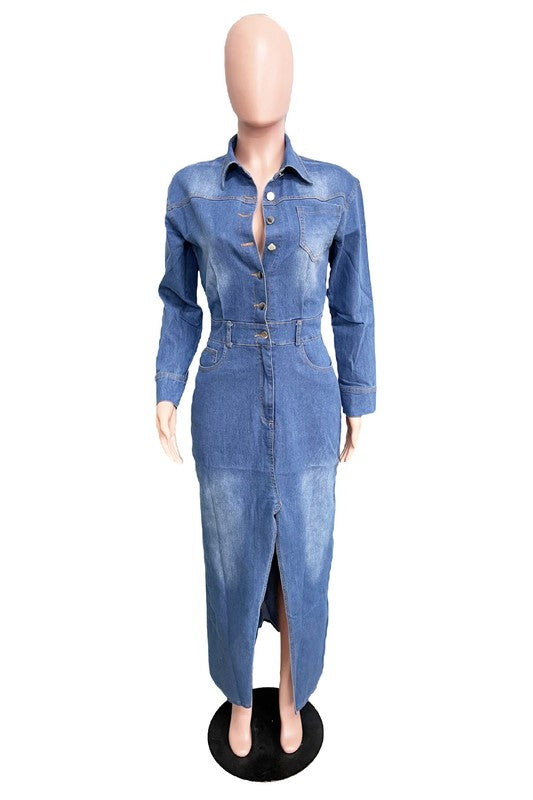 Stylish Long Sleeve Denim Maxi Dress with Cut Off Front